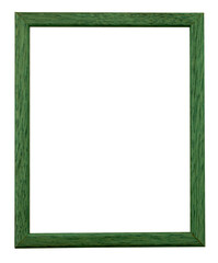 Old green wooden Image frame on a white textured wall. Photo frame with clean copy space for your content.