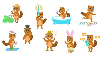 Big Set Abstract Collection Flat Cartoon Different Animal Beavers Vector Design Style Elements Fauna Wildlife