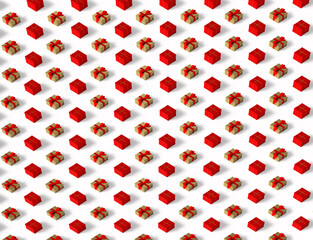 Wrapped presents, red and gold repeated pattern. 3D render
