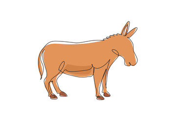 Single one line drawing donkey cute farm animal. Friendly tame animals mascot for livestock. Helping farmers bring agricultural produce. Modern continuous line draw design graphic vector illustration