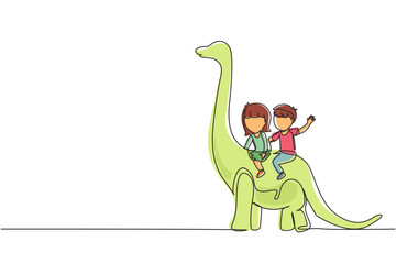 Single continuous line drawing little boy and girl caveman riding brontosaurus together. Kids sitting on back of dinosaur. Ancient human life concept. One line draw graphic design vector illustration © Simple Line