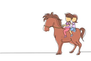 Single continuous line drawing happy cute boy and girl riding horse together. Children sitting on back horse with saddle in ranch park. Kids learning to ride horse. One line draw graphic design vector