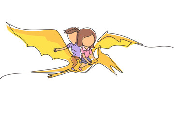 Single continuous line drawing boy and girl riding flying dinosaur together. Pterodactyl ride with kids sitting on back of dinosaur and flying high in sky. Dynamic one line draw graphic design vector © Simple Line