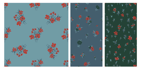 Trendy floral background with elegant small flowers on field for digital wallpaper and garment in liberty style ,ornate vector template © Maria