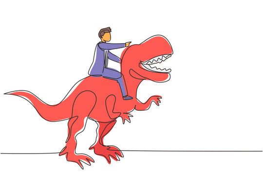 recommend clip art: Single continuous line drawing brave businessman riding huge dangerous tyrannosaurus. Professional entrepreneur male character fight with predator. One line draw graphic design vector illustration