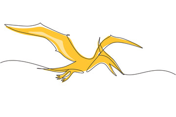 Continuous one line drawing flying pterodactyl dinosaur isolated on white background. Extinct ancient animals. Animal history for education. Single line draw design vector graphic illustration © Simple Line