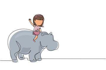 Continuous one line drawing happy little girl riding strong hippo. Child sitting on back hippopotamus in zoo. Kids learning to ride hippopotamus. Single line draw design vector graphic illustration