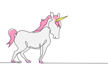 Continuous one line drawing Unicorn. Magic cute unicorn. Black jumping fictional fairy animal. Magical unicorn running on wind. Childhood fantasy. Single line draw design vector graphic illustration © Simple Line