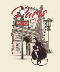 Travel Paris poster with Eiffel Tower and Triumphal Arch,Typography, t-shirt design.