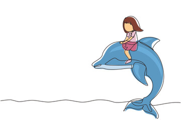 Single continuous line drawing little girl riding dolphin. Young kid sitting on back dolphin in swimming pool. Children with dolphin swimming in water. One line draw graphic design vector illustration