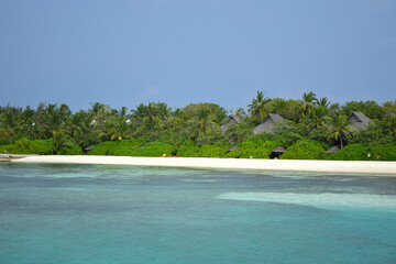Maldives island landscape. Water, sand and greenery. Lush, tropical, vegetation, palm trees and bushes Shoreline with sandy beach. Wooden pathway pier. Walkway deck to private villas. Floating house