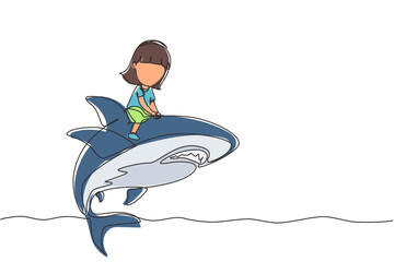 Continuous one line drawing little girl riding inflatable shark. Young kid sitting on back shark in swimming pool. Shark ocean fish in deep water. Single line draw design vector graphic illustration