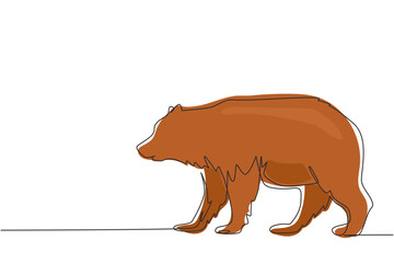 Continuous one line drawing giant bear walking forward in the jungle. Strong wild grizzly brown bear mammal mascot. Dangerous big beast animal. Single line draw design vector graphic illustration