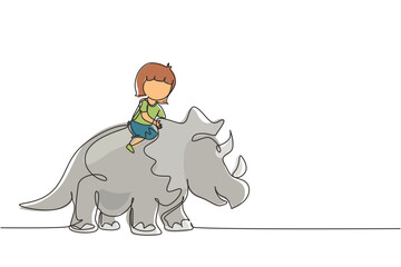 Continuous one line drawing little girl caveman riding triceratops. Young kid sitting on back of dinosaur. Stone age children. Ancient human life. Single line draw design vector graphic illustration