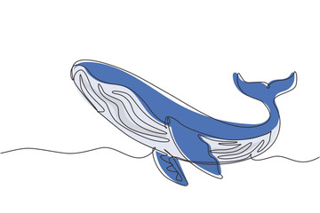 Continuous one line drawing wild whale fish swimming in sea life. Marine animal digital concept. Blue whale and scuba diver under ocean water. Single line draw design vector graphic illustration