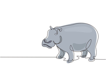 Single continuous line drawing big cute hippopotamus for company logo identity. Huge wild hippo animal mascot concept for national safari zoo. Dynamic one line draw graphic design vector illustration