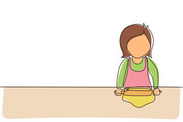 Single one line drawing little girl stretching dough with rolling pin. Kids making homemade bakery at kitchen. Children doing housework chores at home. Continuous line draw design graphic vector