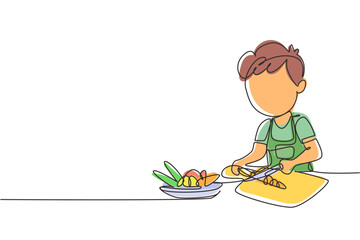 Single one line drawing little girl is cutting carrot and other fresh vegetables. Smiling child is enjoying cooking at home to help mother. Continuous line draw design graphic vector illustration