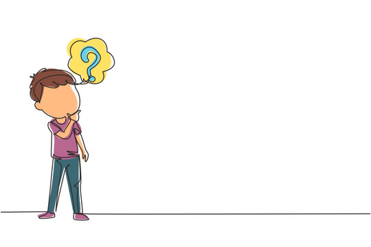 Continuous one line drawing cute boy thinking. Kids think creative idea. Bubble with question mark sign. Concept of learning and growing children. Single line draw design vector graphic illustration - Powered by Adobe