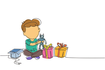 Single continuous line drawing excited little boy kid opening wrapped gift box decorated with ribbon bow. Happy cute little kid boy receive robot toy gift from birthday. Dynamic one line draw graphic