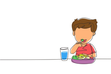 Single one line drawing boy eating healthy morning breakfast food. Happy child eat delicious food with milk at home. School boy enjoying dish. Continuous line draw design graphic vector illustration