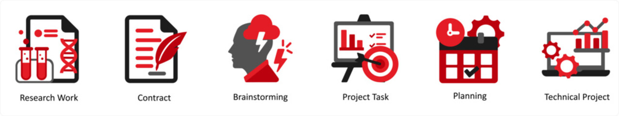 Six business icons in red and black as research work, contract, brasinstorming