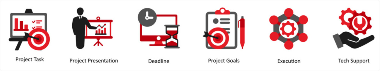 Six business icons in red and black as project task, project presentation, deadline