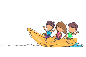 Single one line drawing children having fun on banana boat. Happy kids with rides banana boat on beach waves. Summer water sport concept. Modern continuous line draw design graphic vector illustration