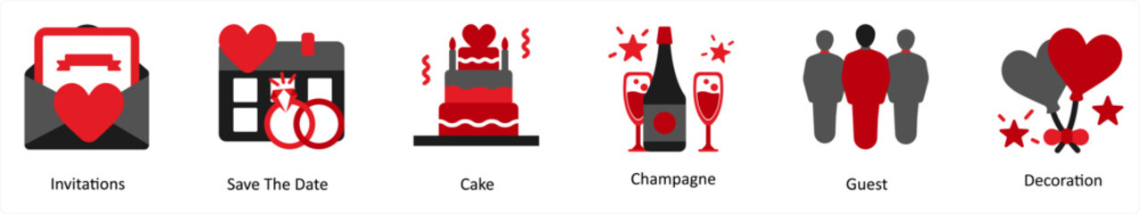 Six party icons in red and black as invitations, save the date, cake