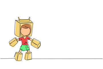 Continuous one line drawing cute girl play cardboard battle robot suit, cosplay female kid entertainment robotic costume. Children creative imagine idea, inventive fantasy. Single line draw design