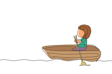 Continuous one line drawing cute little girl riding on boat at river. Kids riding on wooden boat. Kids rowing boat on lake. Happy children paddle boat. Single line design vector graphic illustration