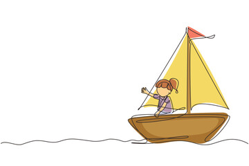 Single continuous line drawing smiling little girl in sailboat. Happy kids sailing boats. Cute little children on boat. Joyful adventures and travel. One line draw graphic design vector illustration