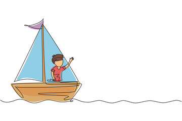 Single one line drawing smiling little boy in sailboat. Happy kids sailing boats. Cute little children on boat. Joyful adventures and travel. Continuous line draw design graphic vector illustration