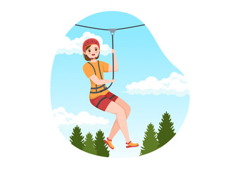 Zip Line Illustration with Visitors Walking on an Obstacle Course and Outdoor Rope Adventure Park in Forest in Flat Cartoon Hand Drawn Templates