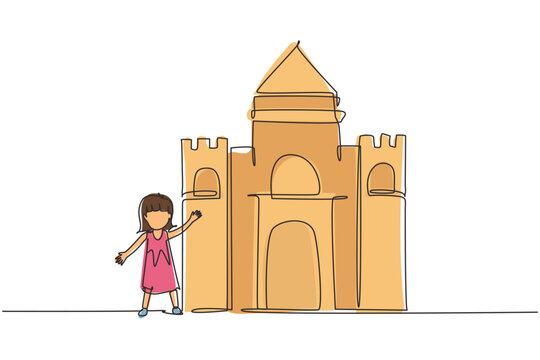 Continuous one line drawing cheerful girl playing in castle made of cardboard boxes. Happy little medieval princess. Creative kid playing castle. Single line draw design vector graphic illustration