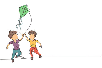 Continuous one line drawing two boy playing to fly kite up into the sky at outdoor field. Kids playing kite in playground. Children with kites game and they look happy. Single line draw design vector