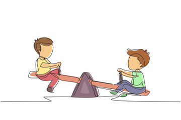 Continuous one line drawing two little boys swinging on seesaw. Kids having fun at playground. Cute kids playing seesaw together in kindergarten. Single line draw design vector graphic illustration