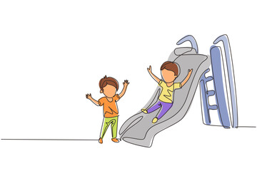 Fototapeta na wymiar Continuous one line drawing smiling preschool boy sliding down slide and happy friend seeing him on side of slide. Kids playing together on playground. Single line design vector graphic illustration