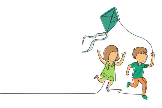 recommend clip art: Single continuous line drawing little boy and girl flying kite. Siblings playing together. Kids playing kite in playground. Children with kites game and they look happy. One line draw graphic design
