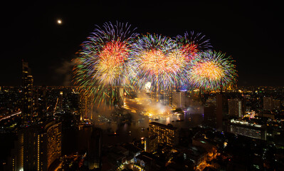 Spectacular fireworks display along the Chao Phraya River Bangkok, Thailand
