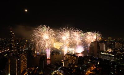 Spectacular fireworks display along the Chao Phraya River Bangkok, Thailand