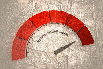 Blood sugar level measuring process. Scale with arrow.