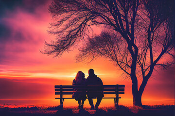 Fototapeta na wymiar Couple hugging on a park bench while enjoying a beautiful sunset.