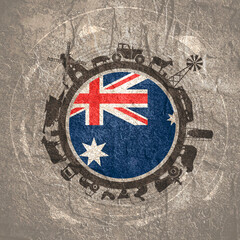 Circle with agricultural icons. Objects located around the circle. Field for text in the center. Background for eco products with flag of Australia.