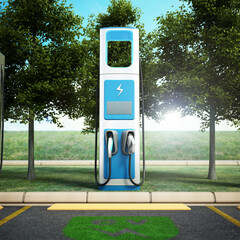 Electric car charging point at car parking lot. Future transport technology and clean energy concept. 3D illustration