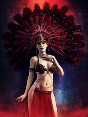 Young dancer with a fantasy headdress made of red feathers standing in red and blue light. 3D render - the woman is a 3D object rendered in DAZ Studio.