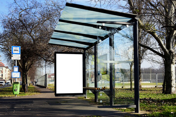 bus shelter at a busstop. blank billboard ad display. empty white lightbox sign. city transit...