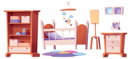 Nursery furniture set isolated on white background. Cartoon vector illustration of crib, floor lamp, dresser, toys on shelves, carpet, photo frames. Baby room interior design elements in pastel colors