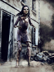 Fantasy scene with a zombie girl standing in front of a door to a ruined building. 3D render - the woman is a 3D object rendered in DAZ Studio. - 557829531