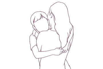 young woman carrying her son hand drawn style vector illustration